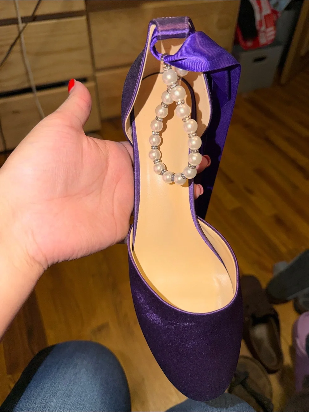 Purple Satin Pearl-Ankle Tie Women's Heels